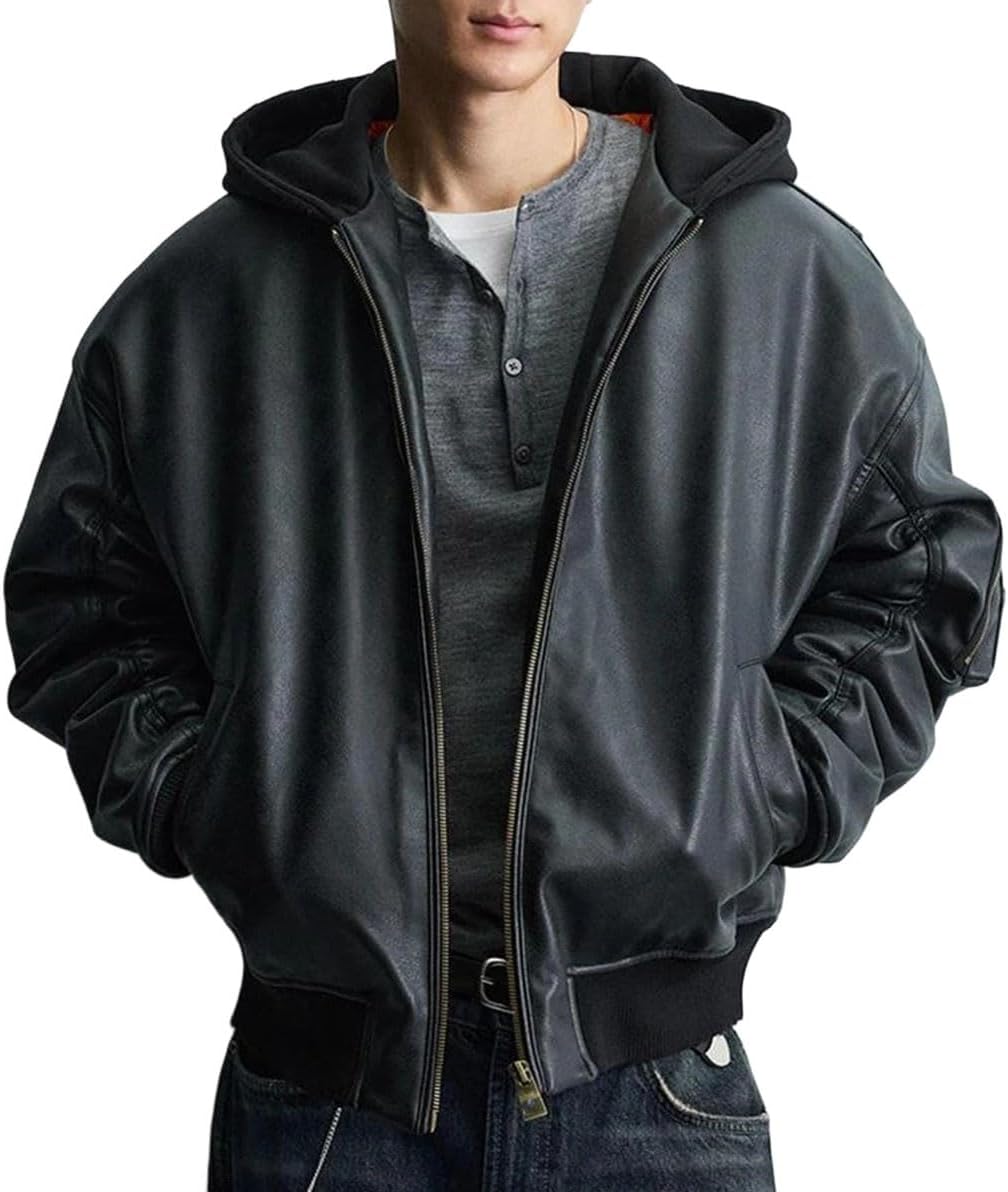 Mens Hooded Spliced Faux Leather Jacket Thickened Autumn-Winter Bomber Coat