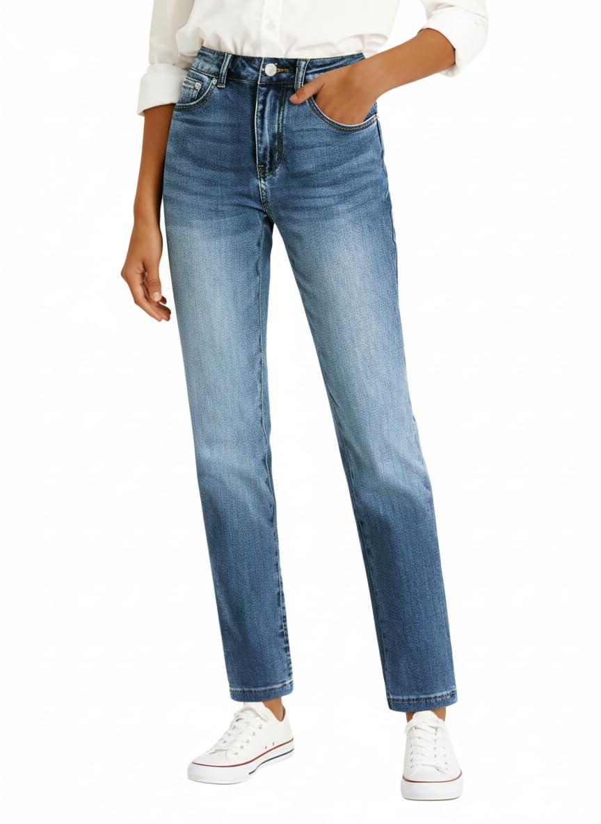 Cicy Bell Damen Jeans Straight Fit Jeanshosen Mittlere Taille Denim Skinny Hosen mit Taschen
