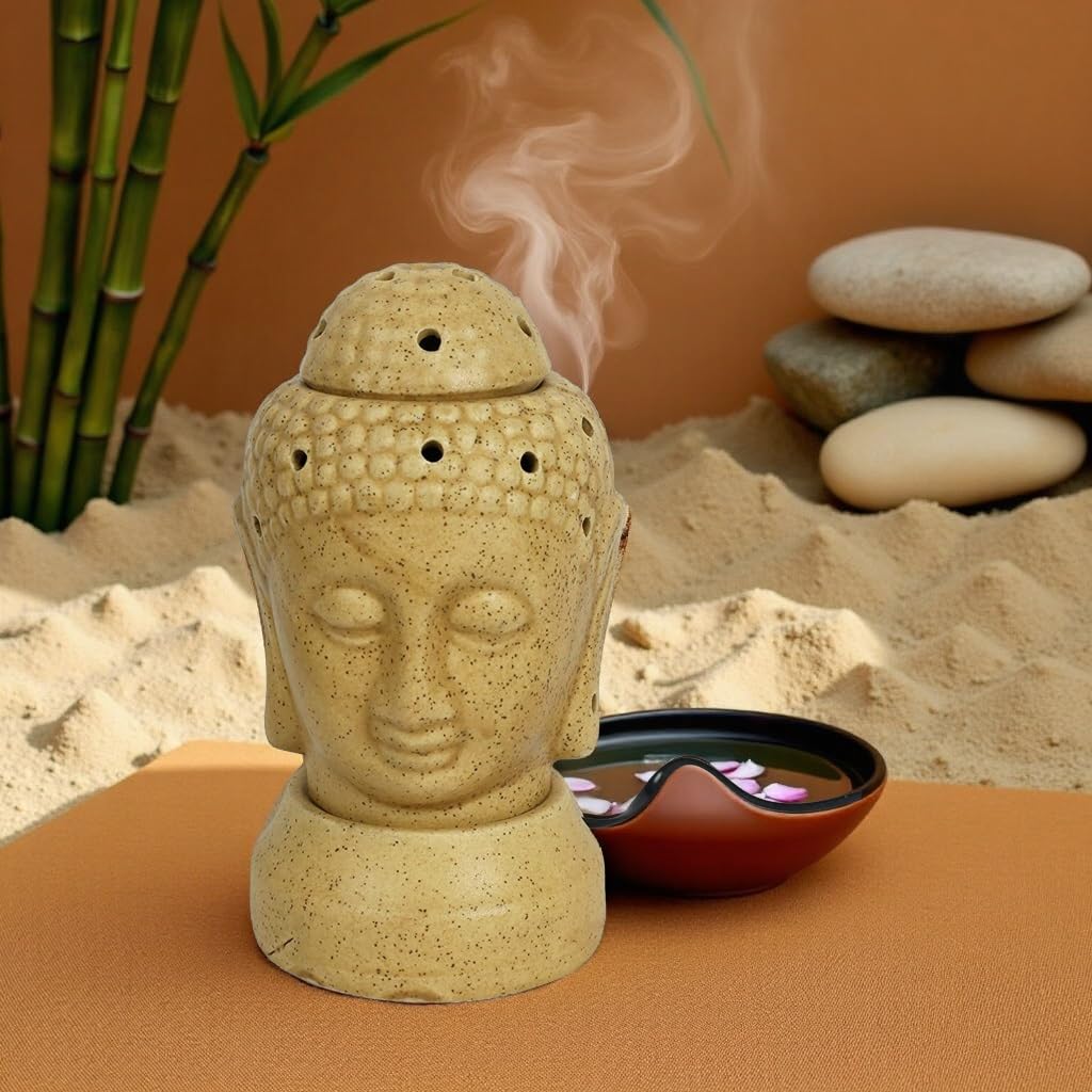 Ceramic Electric Aroma Diffuser Oil Burner for Home Fragrance - Buddha Shape (6 Inch, Brown Botted)