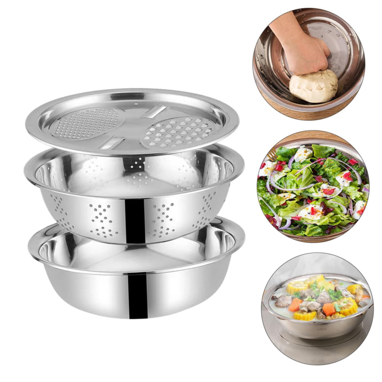 Colador Varios estilos Diseño de Drenaje Acero Inoxidable 3 Piezas de Apto para Lavar Frutas y Amasar Masa, Utensilio Multifuncional para Cocina para Uso Diario