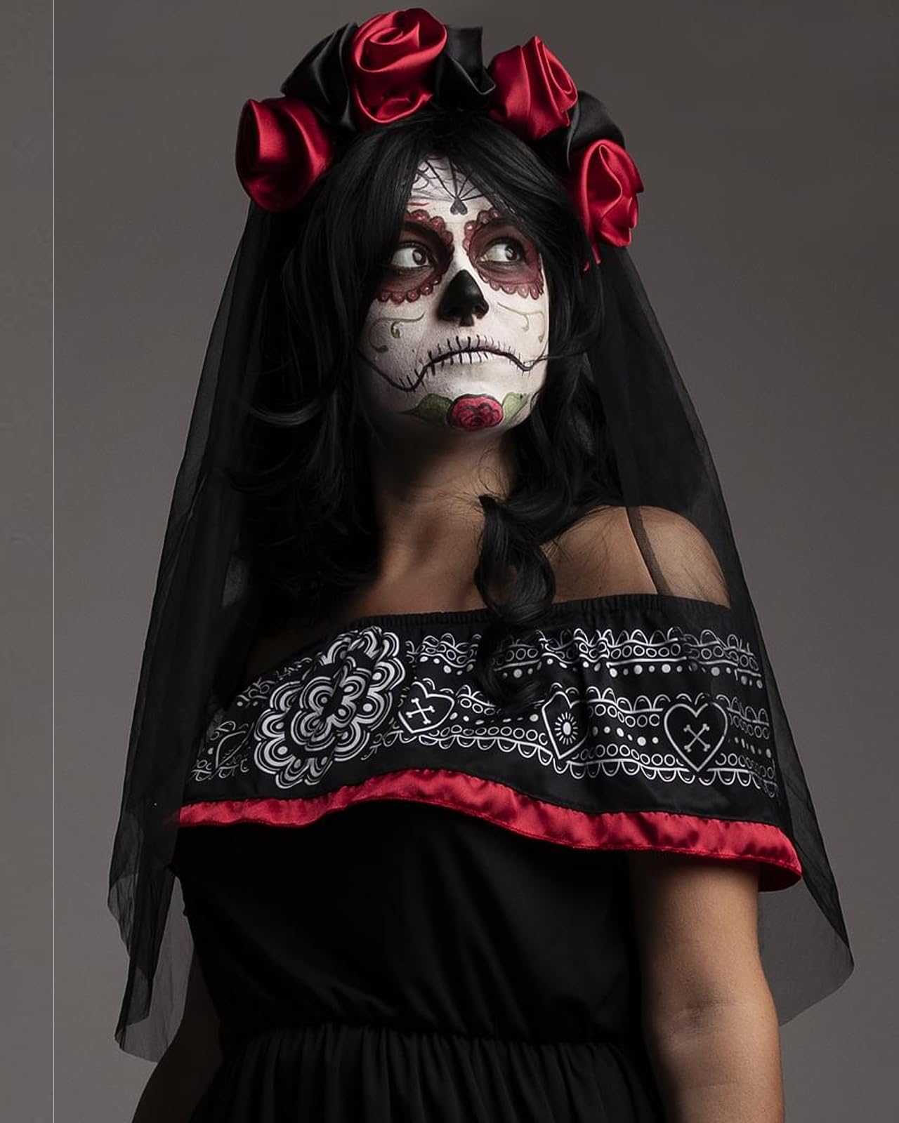 Funidelia Catrina Kostüm für Damen mit Stirnband mit Blumen und Schleier, Día de los Muertos Verkleidung für Erwachsene, Karneval, Halloween und Party Kostüme