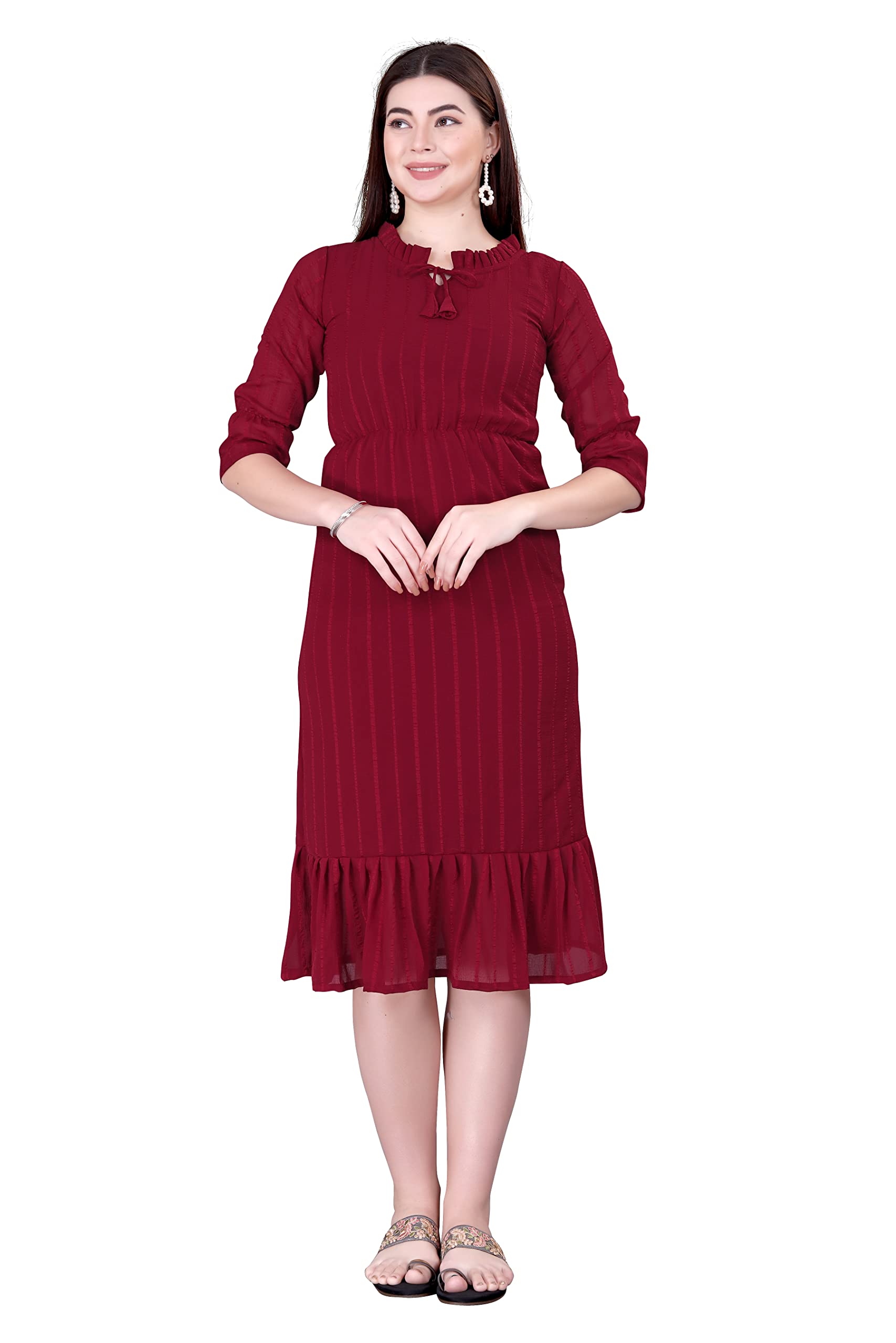 f-apparelWomen's Pink Poly Chiffon Self Design Striped Flared Dress