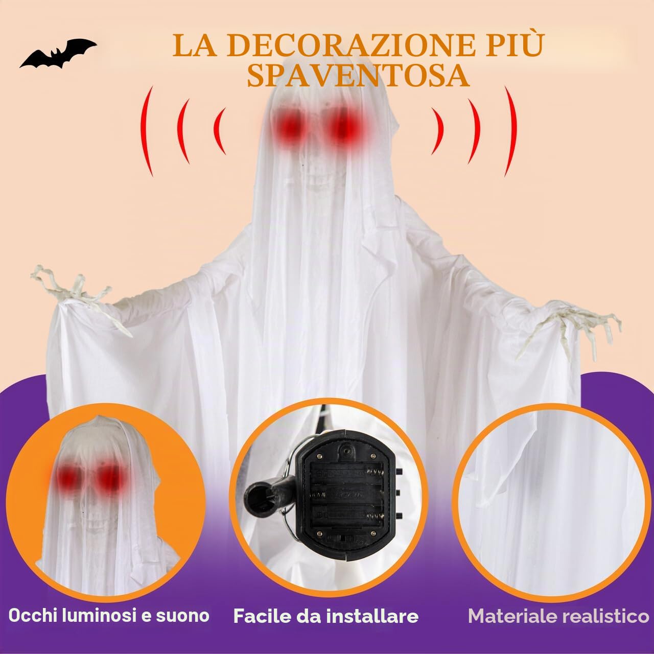 JOYIN - Decorazione di Halloween con fantasma animato da 172,7 cm, con occhi luminosi e suono raccapricciante (attivazione del suono) per Halloween all'aperto, prato, cortile,