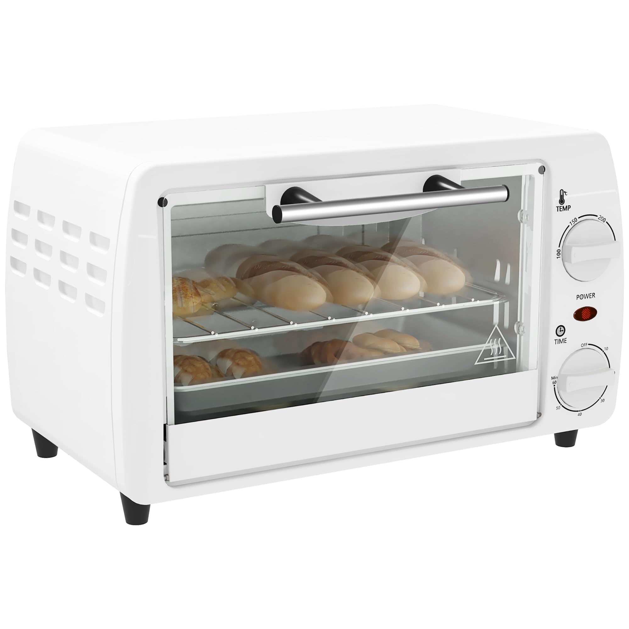 HOMCOM Forno elettrico da tavolo 10 litri 750W Piccolo forno elettrico con temperatura fino a 230 ℃ Timer 60 minuti Vassoio e cestello 36,5x26x22 cm Bianco