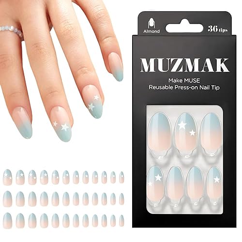 MUZMAK Uñas postizas reutilizables a presión, largas, medianas y cortas, 36 unidades, color rosa, con diseños de punta francesa roja, gel lindo