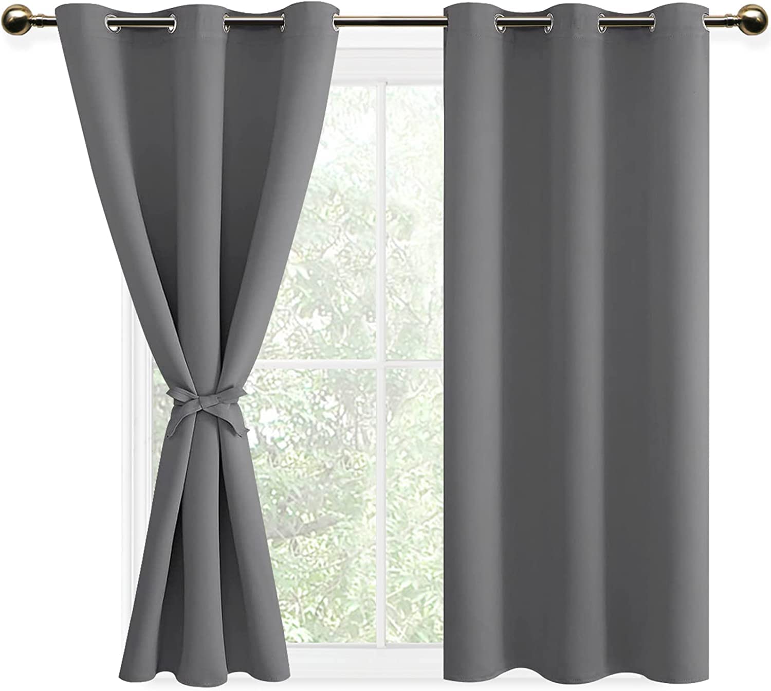 DWCN Grey Blackout Curtains for Bedroom, 46" Wide x 54" Drop with Tiebacks Thermal Insulated Solid Eyelet Curtains for Living Room,2 Panels