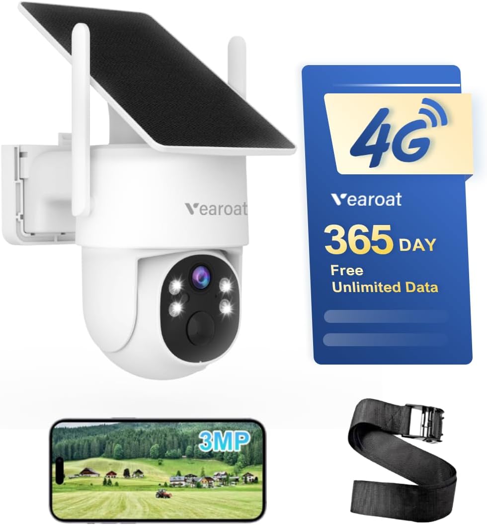 4G LTE Solar Security Camera Outdoor, 2K PTZ with 365 Days Unlimited Data