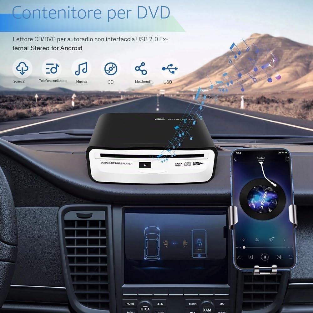 Lettore CD Esterno Universale Portatile per Auto, Può Essere Collegato Alla Presa USB in Auto, Laptop o Televisore, per Navigazione con Android 4.0 e