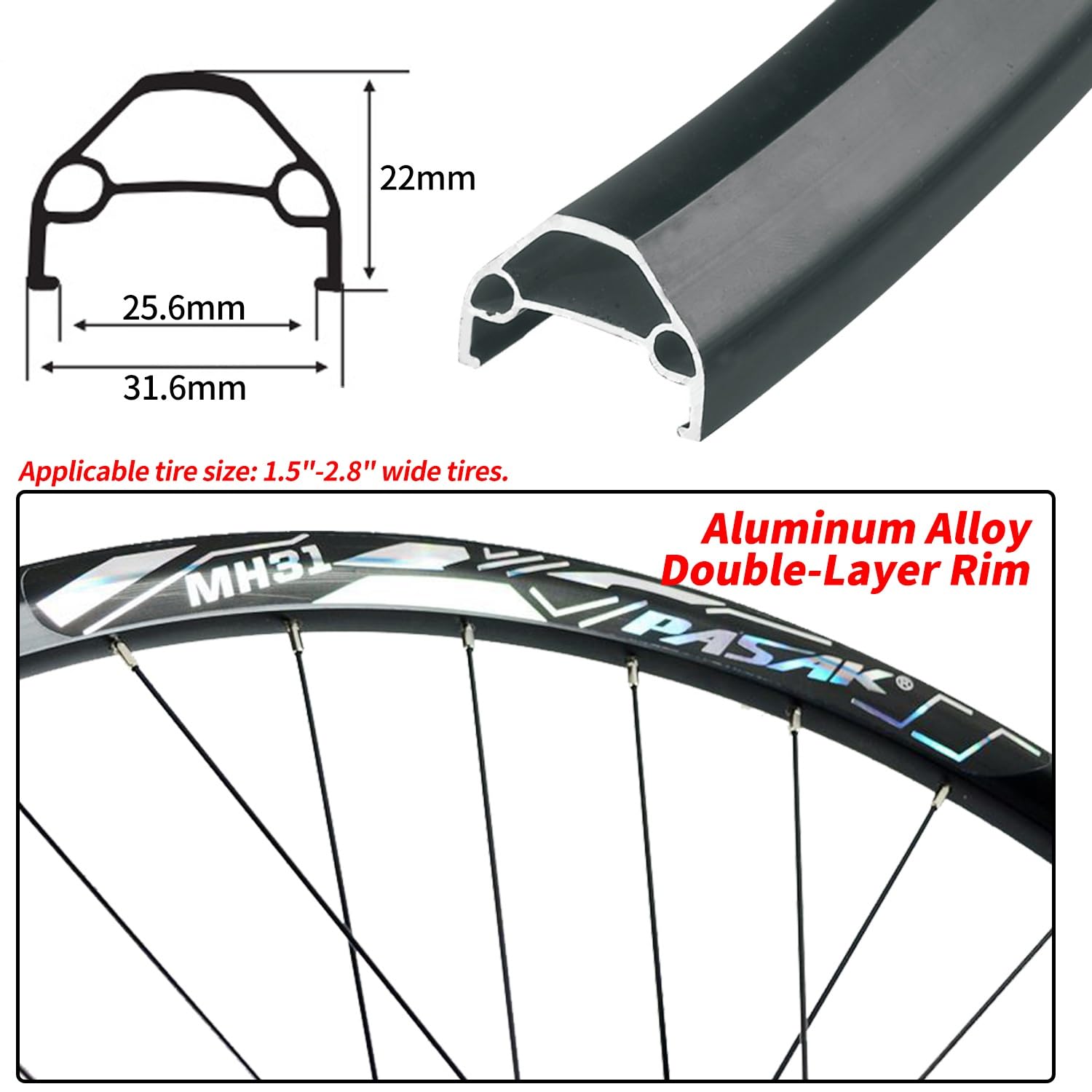 Mountainbike Vorder- Und Hinterrad 26" 27,5" 29" Steckachse Laufradsatz 110*20/142*12mm, Aluminiumlegierung Doppelwandige Felge Für 7-12-Gang-Kassette, Scheibenbremse(26" black,Front wheels)