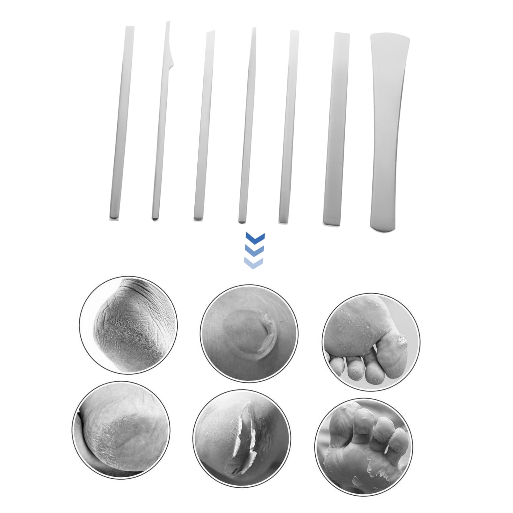 Set di 7 Pezzi per Pedicure in Acciaio Inox, Argento | Acciaio Alto Manganese e Pu, Uso Familiare e Professionale, Rimozione Calli e Pelle Secca