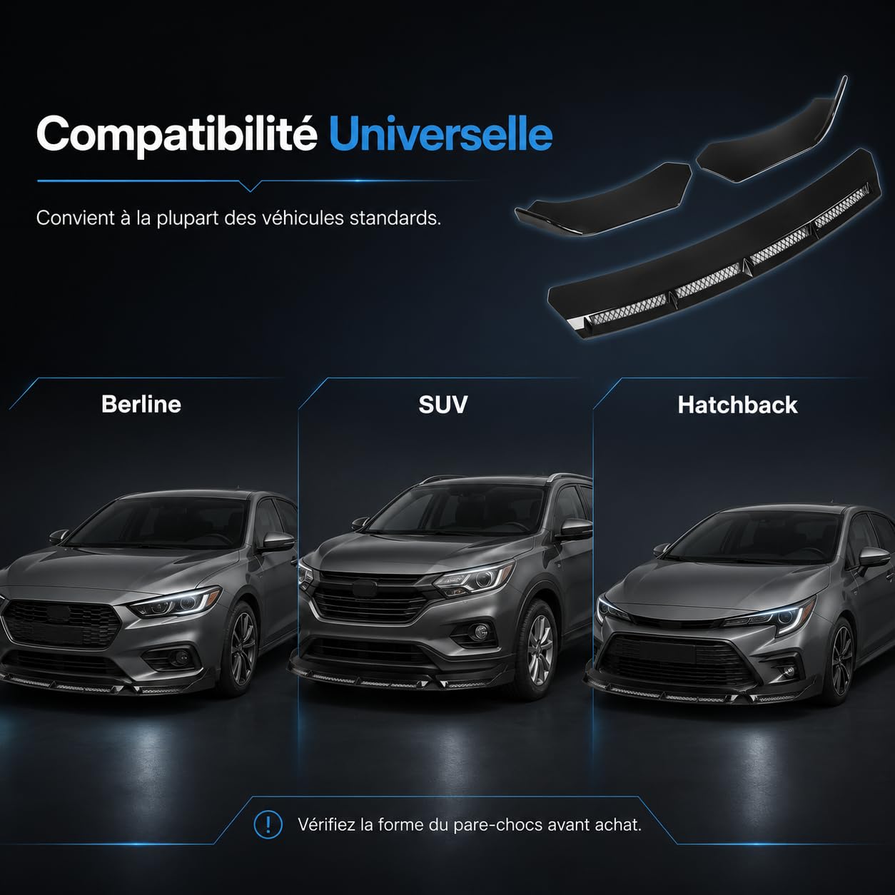Kit Lèvre Pare-Chocs Avant, Aileron Spoiler Tuning Auto Universel 3Pièces