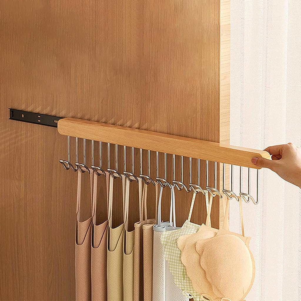 amazon basics wooden sliding hook, wall mounted pull out hanger, adhesive sliding wardrobe hanger with 12 hooks, under-shelf side mount hanging rail for tank tops, belts, bra, kitchen (right)