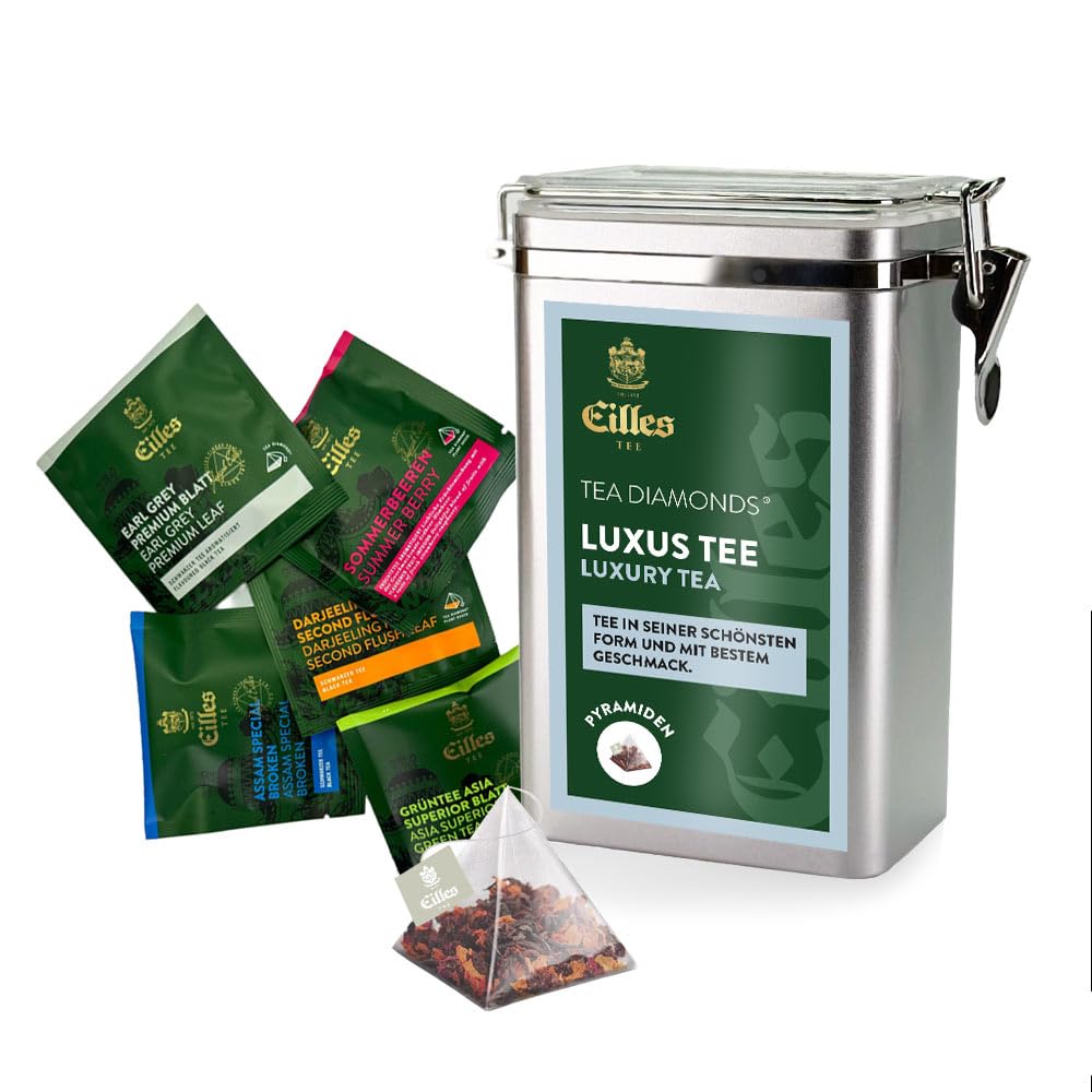 LUXUS TEE Premium Aromadose mit 5 Sorten EILLES Tea Diamonds, 15 Portionen gesamt, wiederverschließbare Dose mit Crystal-Deckel