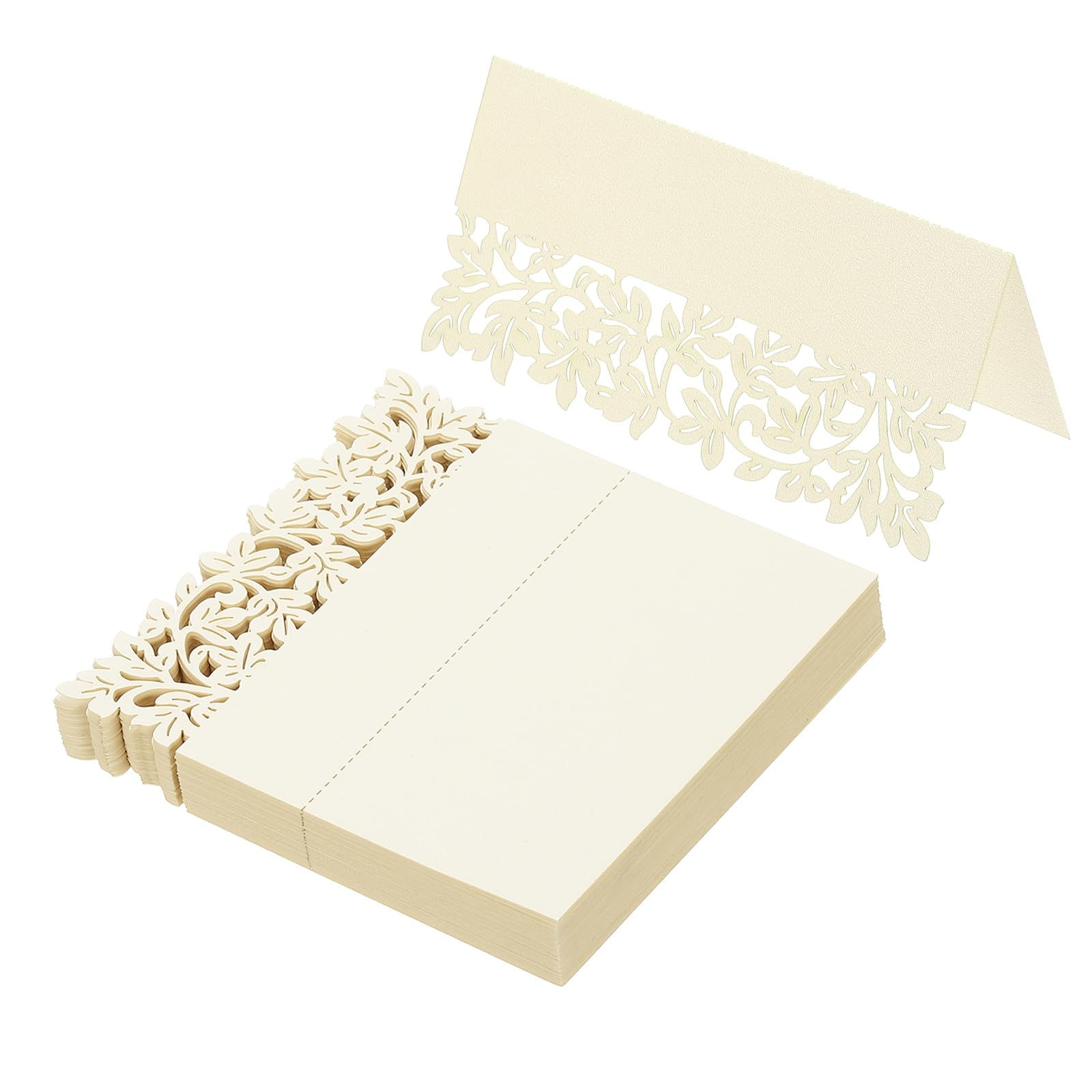 PATIKIL 50Pcs Wedding Place Cards, Laser Cut Leaves Table Place Card Folded Tent Card Name Cards for Table Setting Wedding Reception Buffet, Beige
