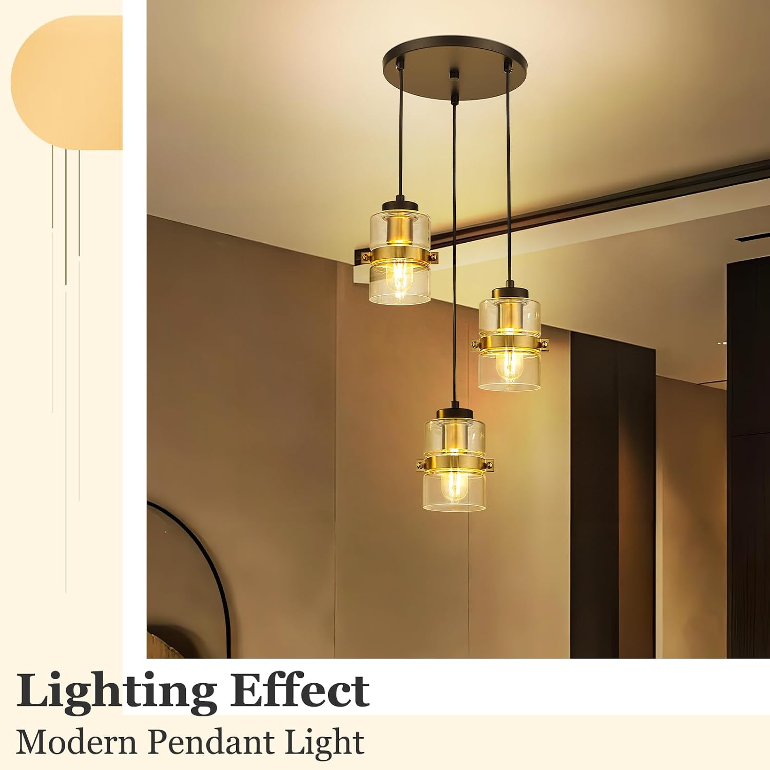 Emliviar 3-Light Cluster Pendant Light, Adjustable Hanging Lighting with Clear Glass, Foyer Chandeliers in Black and Gold Finish, YE282-3 BK+BG