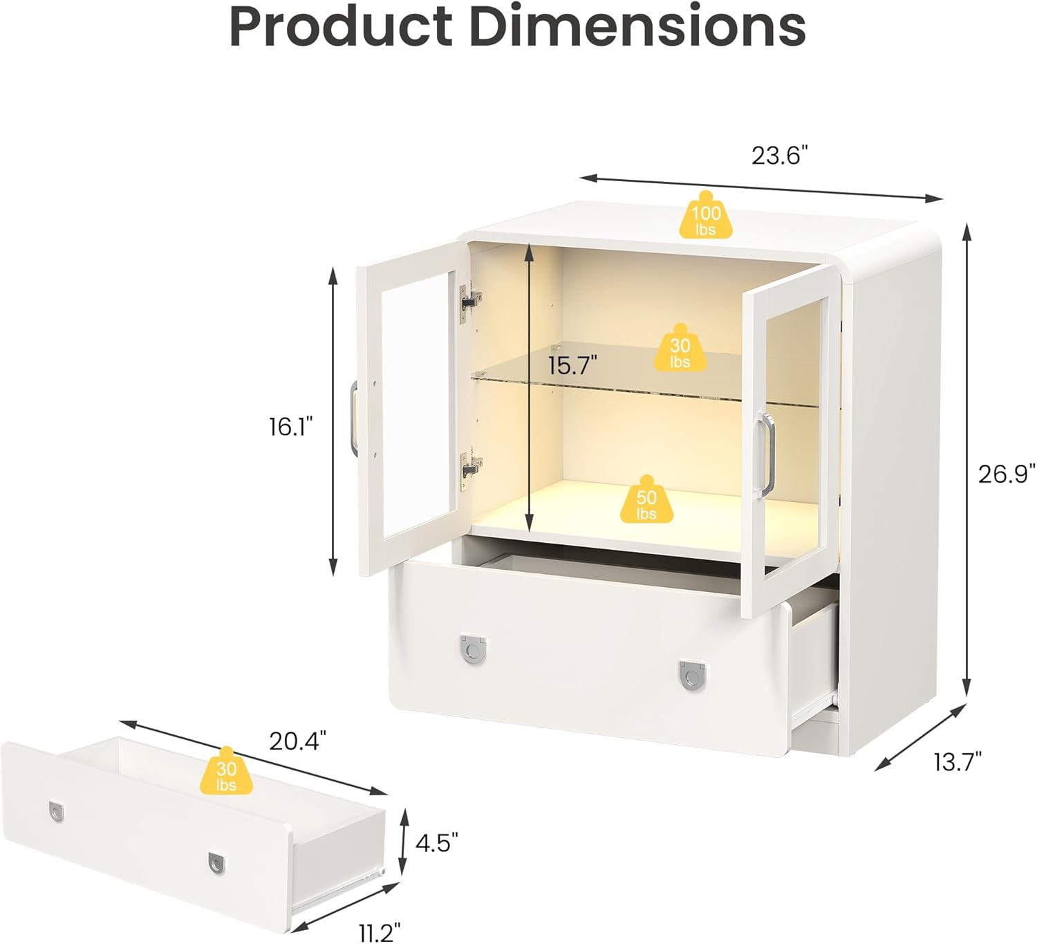 RoyalCraft White Display Cabinet with Acrylic Doors, 27'' Tall Curio Cabinet with LED Lights, Modern Storage Cabinet with Drawers & Adjustable Shelves, Ideal for Living Room, Child's Room