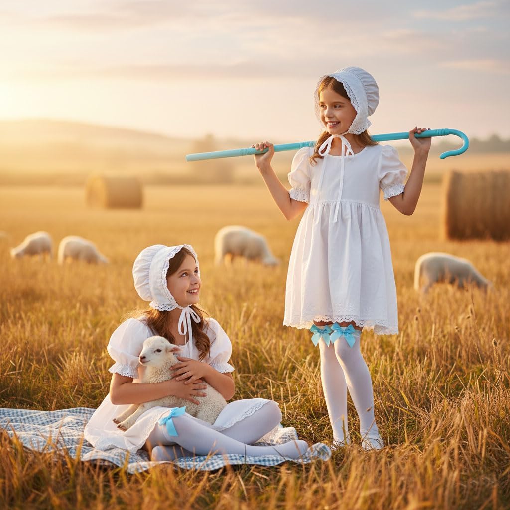 Adult Shepherdess Costume Set with Bonnet White Stockings With Blue Bow Shepherd's Crook - Image 2