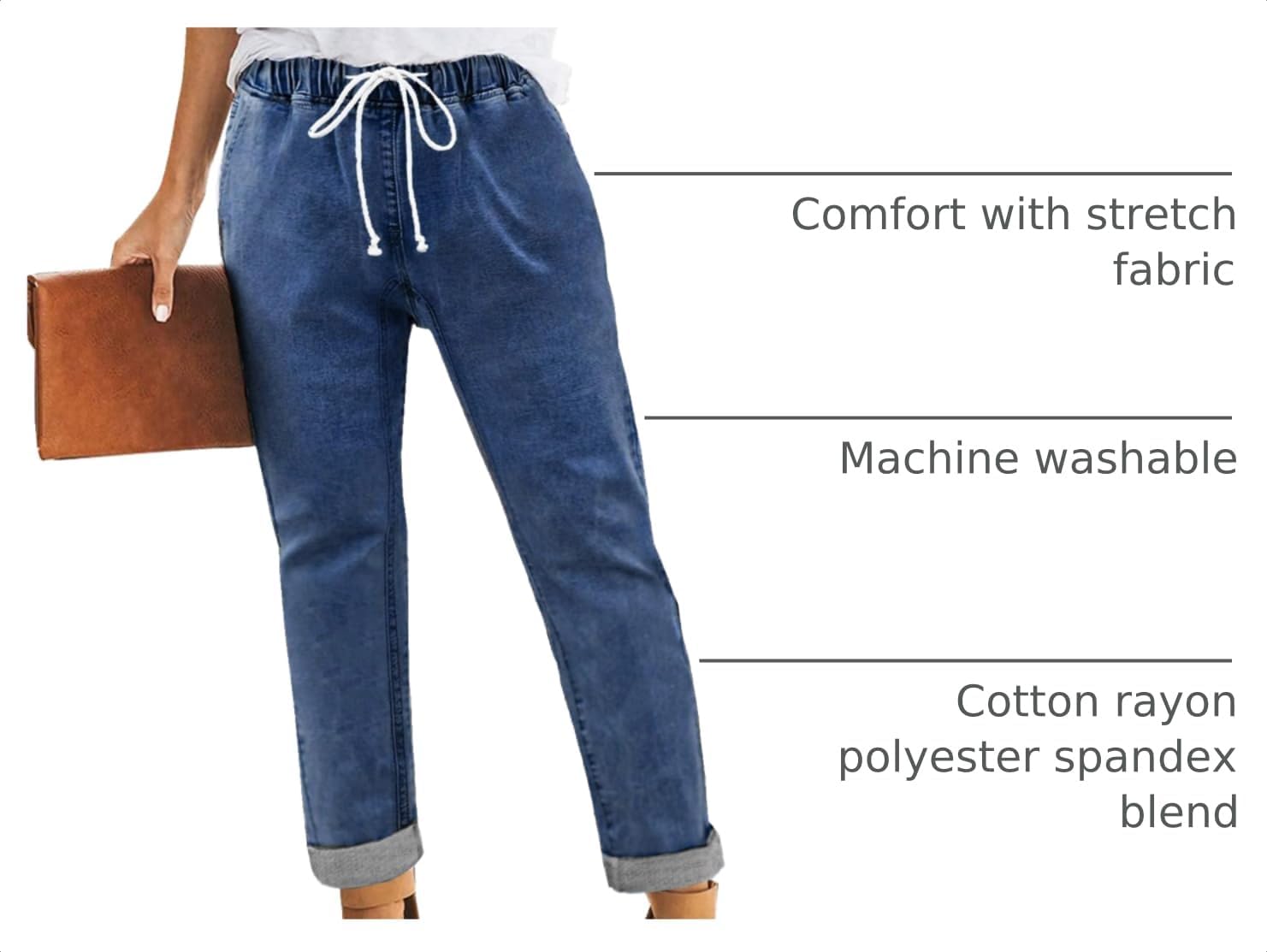 Womens Casual Denim Jeans Pull-on Stretch Jeans Elastic Waist Jean Denim Drawstring Joggers Pants image 4