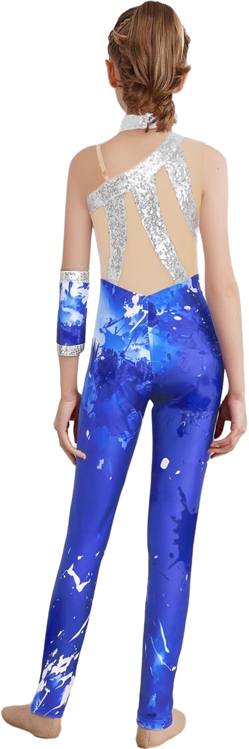 Freebily Kids Girls Gymnastic Figure Ice Skating Unitard Dance Costume Shiny Sequins Full Length