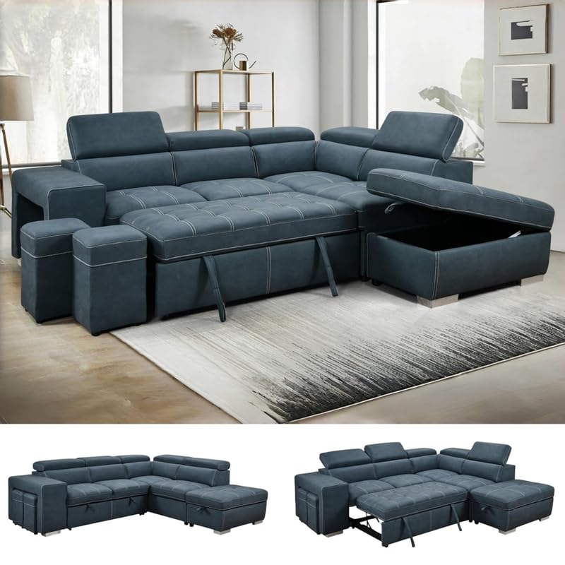 Image of Homax. - Rumi1L-Shaped Sectional Sleeper Sofa Couch in 5 piece with Pull-Out Bed, Storage Ottoman & Adjustable Headrests, Leatherette upholstered, Left-Facing Chaise, Navy Blue