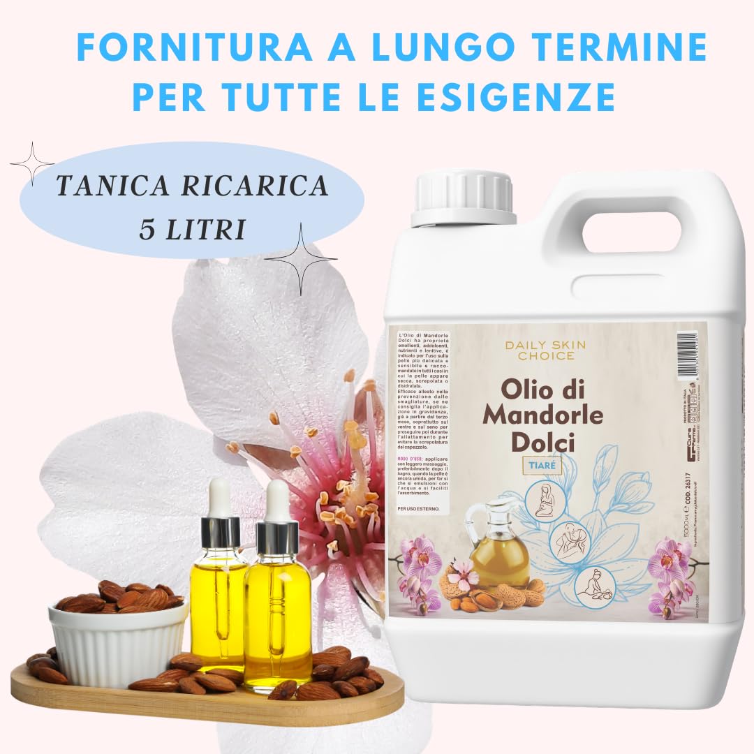 Süßmandelöl mit Tiaré-Duft, 5 l, beruhigendes und pflegendes Körperöl für Massage, nach der Dusche und nach dem Wachsen – Professionelle Größe