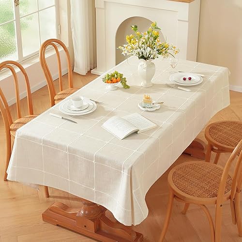 Zobesta Mantel rectangular de lino blanco de 53 x 120 pulgadas, mantel de lino blanco de algodón para mesas rectangulares, mantel de cuadros de