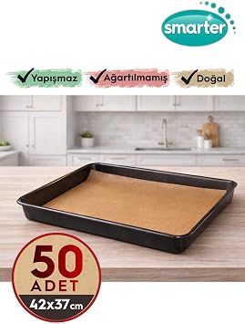 SMARTER 50 Adet Ağartılmamış Hazır Kesilmiş Pişirme Kağıdı Airfryer 42x37cm Yapışmaz