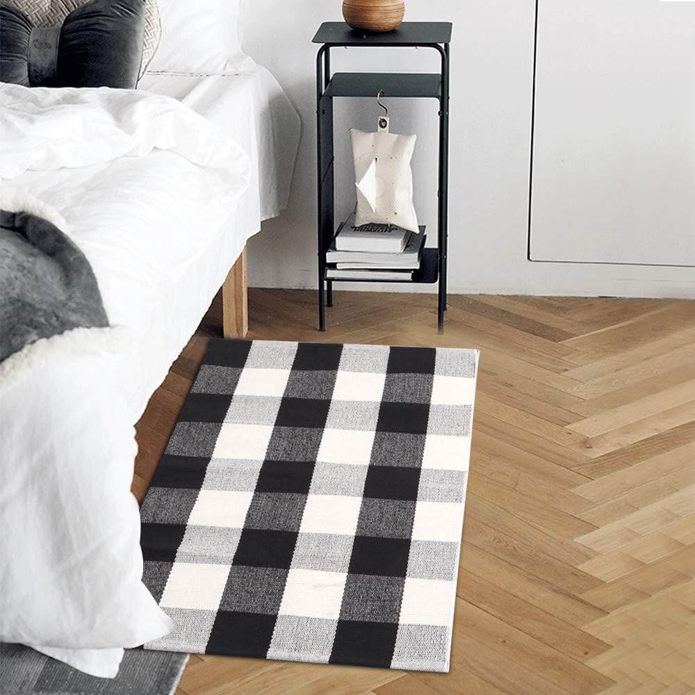 Cotton Area Rug Set 2 Piece 2'x3'+2'x4.3', KIMODE Woven Throw Rugs Welcome Door Mat Machine Washable Floor Runner Rug for Porch Kitchen Bathroom Laundry Living Room (2'x3'+2'x3', Black and Gray)