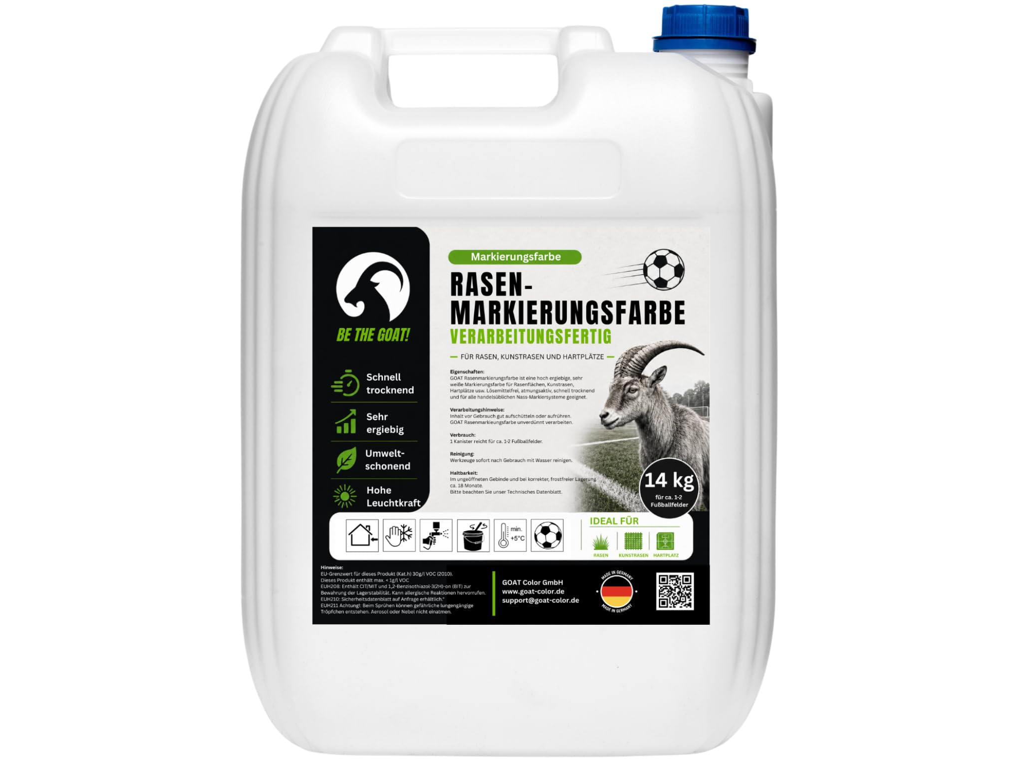 GOAT Rasenmarkierungsfarbe | Gebrauchsfertig | Rasenfarbe | Sportplatzfarbe | 14kg (4x 14kg)
