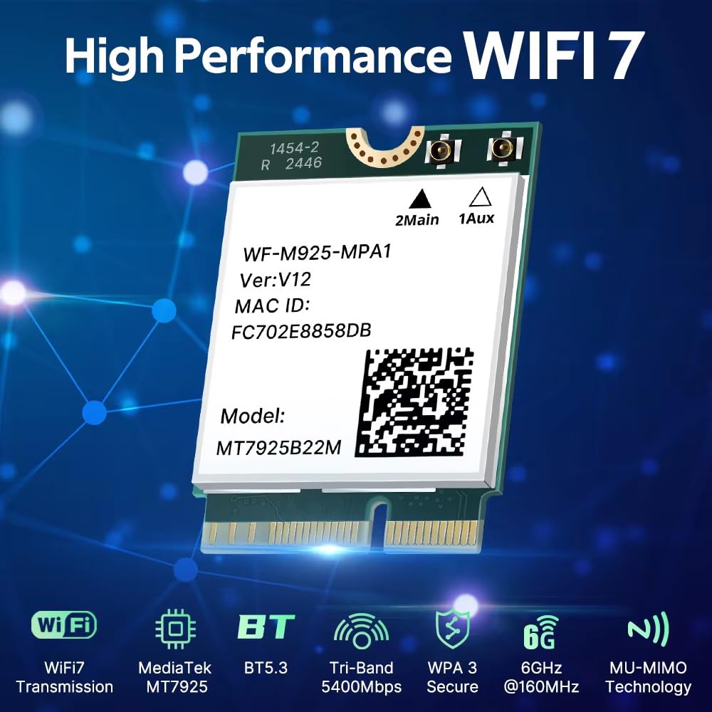 MT7925 Carte réseau WiFi 7 5400 Mbps pour Bluetooth 5.3 Tri bande 2,4 G 5 GHz 6 GHz M.2 NGFF Adaptateur sans fil pour Win 10 Win 11