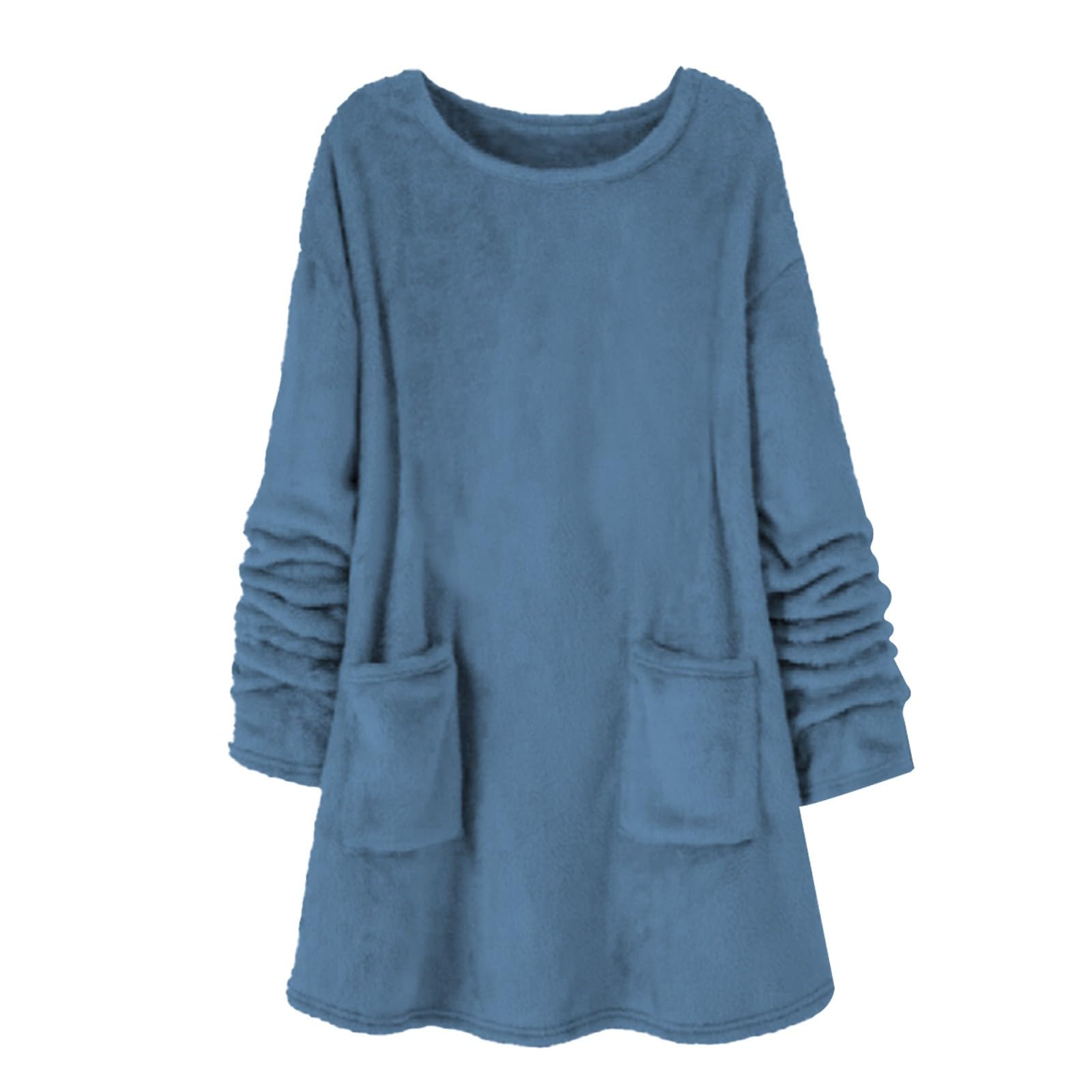 Traje de casa para mujer, suave, cálido, de dos piezas, para invierno, elegante, largo, cuello redondo, camiseta de dormir con bolsillos, juego de pantalones de pijama mullido, ropa de dormir, chándal