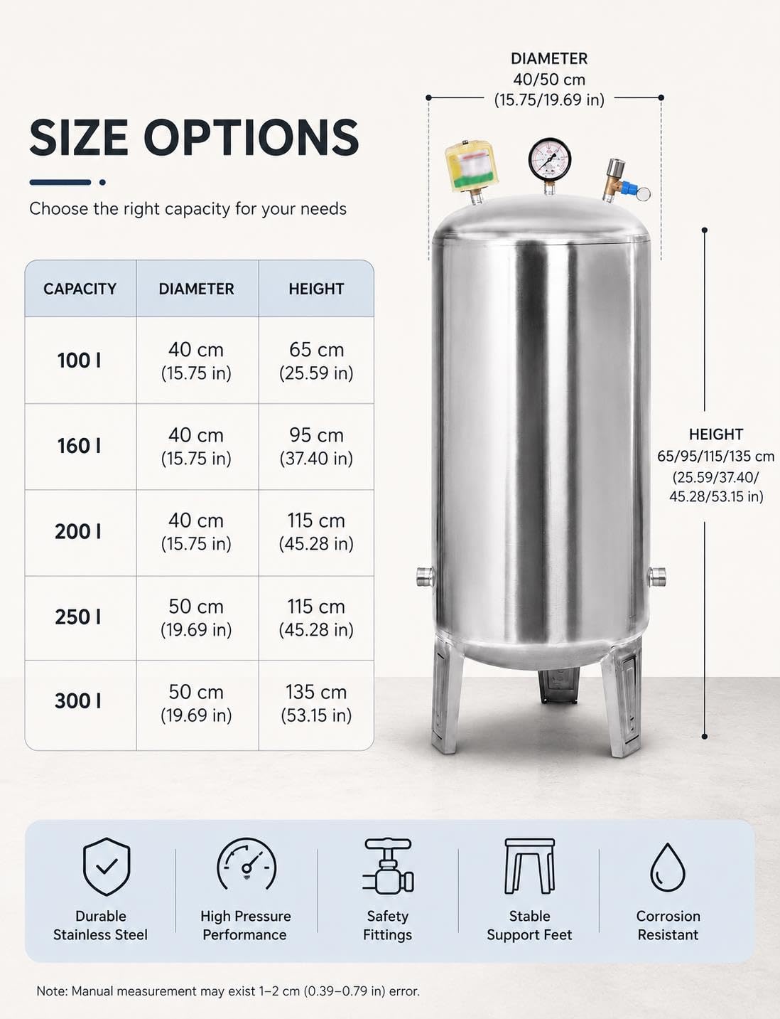 Depósito Presión Agua, Inox 304 para Bomba de Pozo con Accesorios