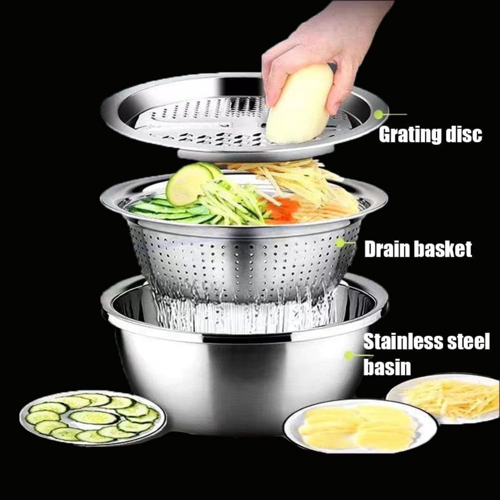 Multifunktionales Edelstahl-Schneidebecken, 5-in-1 mit Reibe, Sieb, Drainage und Reisreiniger, 26 cm für die Küche