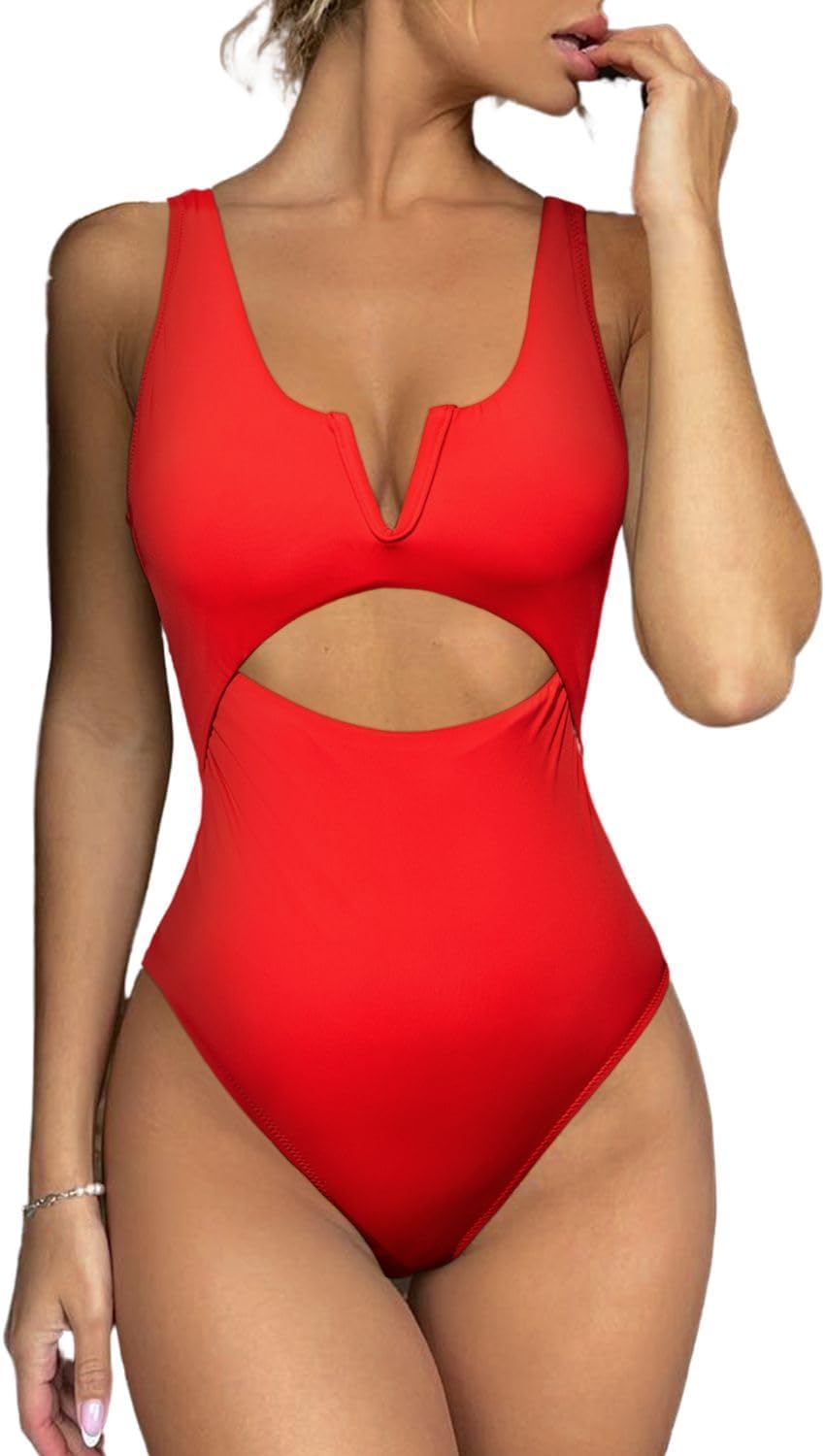 Womens One Piece Swimsuits Tummy Control Bathing Suit for Women Push Up Swimwear V Neck High Cut Monokini