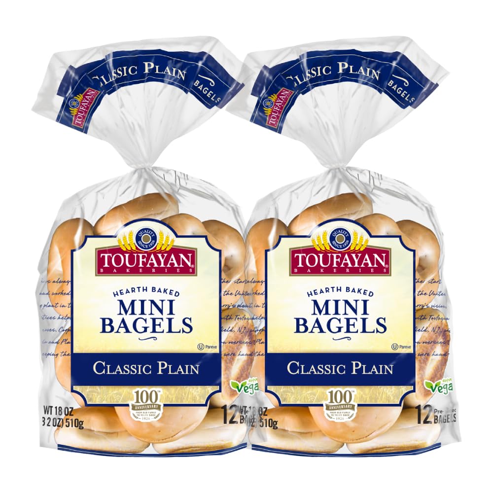 Toufayan Mini Plain Pre‑Sliced Bagels – Soft Texture, Perfect for Breakfast, Snacks & Lunchboxes - 2 Packs (12 Bagels Total)