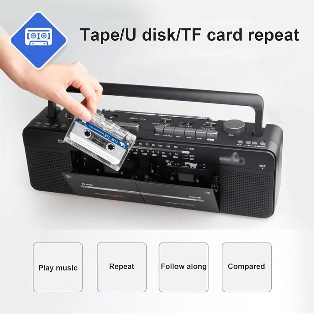 Lettore di Cassette Bluetooth, CD, Boombox, Radio Portatile con AM/FM, registratore a Nastro, Riproduzione MP3, Registrazione con Un clic per Amanti della Musica e Appassionati di Audio