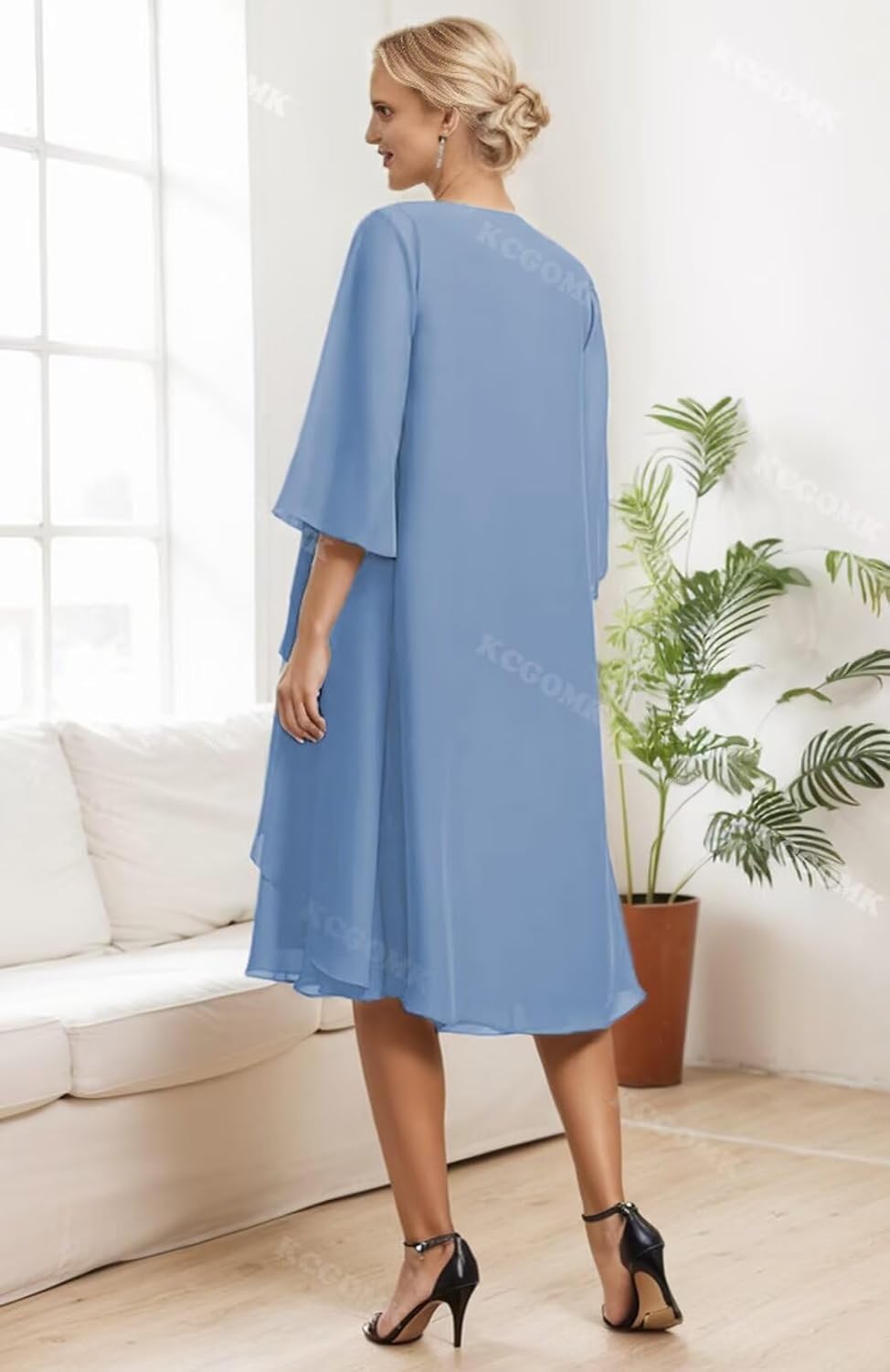 Tea Length Mother of The Bride Dresses for Women 2 Pieces Tiered Chiffon Formal Wedding Guest Gowns with Jacket