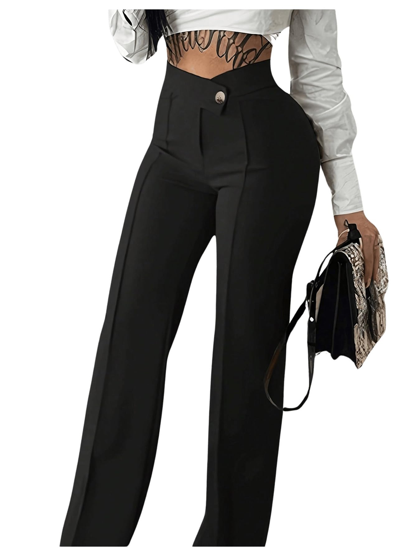 GORGLITTER Womens High V Waist Dress Pants Business Casual Button Front Straight Leg Work Pants Trousers