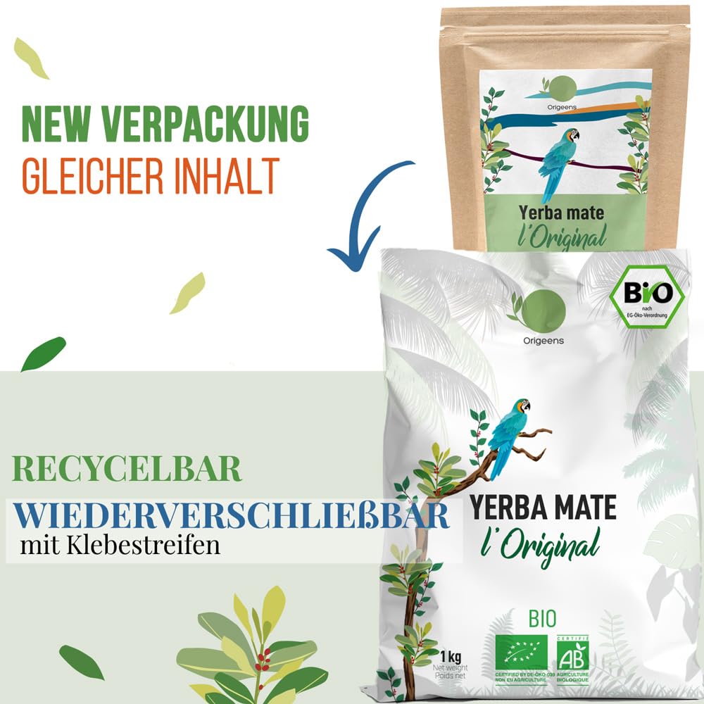 ORIGEENS BIO YERBA MATE TEE 1 KG - Das Original I Bio Yerba Mate Handgepflückt, Ungeröstet - Blätter, Frei von Stängeln, Staub und Krümeln - Energie- und Detoxgetränk (Original 1k)