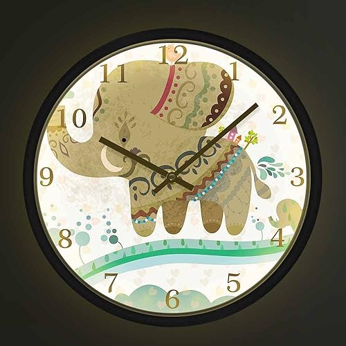 Geek Alerts Little Animals - Reloj de pared de elefantes de dibujos animados con control de sonido, luz nocturna LED, marco de metal, movimiento