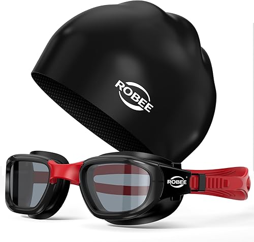 Robee Gafas de natación, gorra de natación y funda para gafas, gafas de natación polarizadas, gorra de silicona para hombres y mujeres adultos