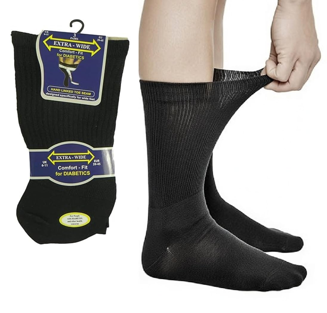 Onlybee Men's Black 3 Pairs Of Extra Wide Diabetics Non Elastic Socks Size 6 To 11