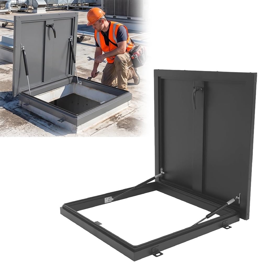 Rygcrud Gray Galvanized Roof Hatch, Skylight Caps Window With Gas Shock Strut, Loft Ventilation Accesses Cover Steel Security Door For Warehouse Attic Cellar(65X75cm)
