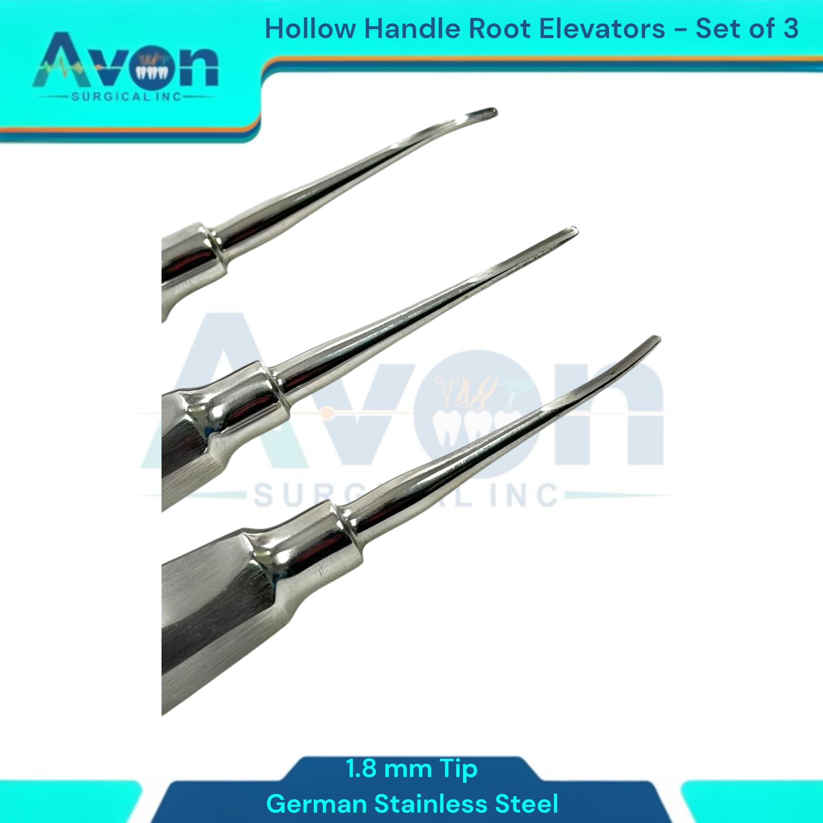 Set of 3 Feline Luxating Root Elevator 1.8mm Straight, Curved Inside, & Curved Outside Tips - Standard Handle Hollow - German Stainless Steel