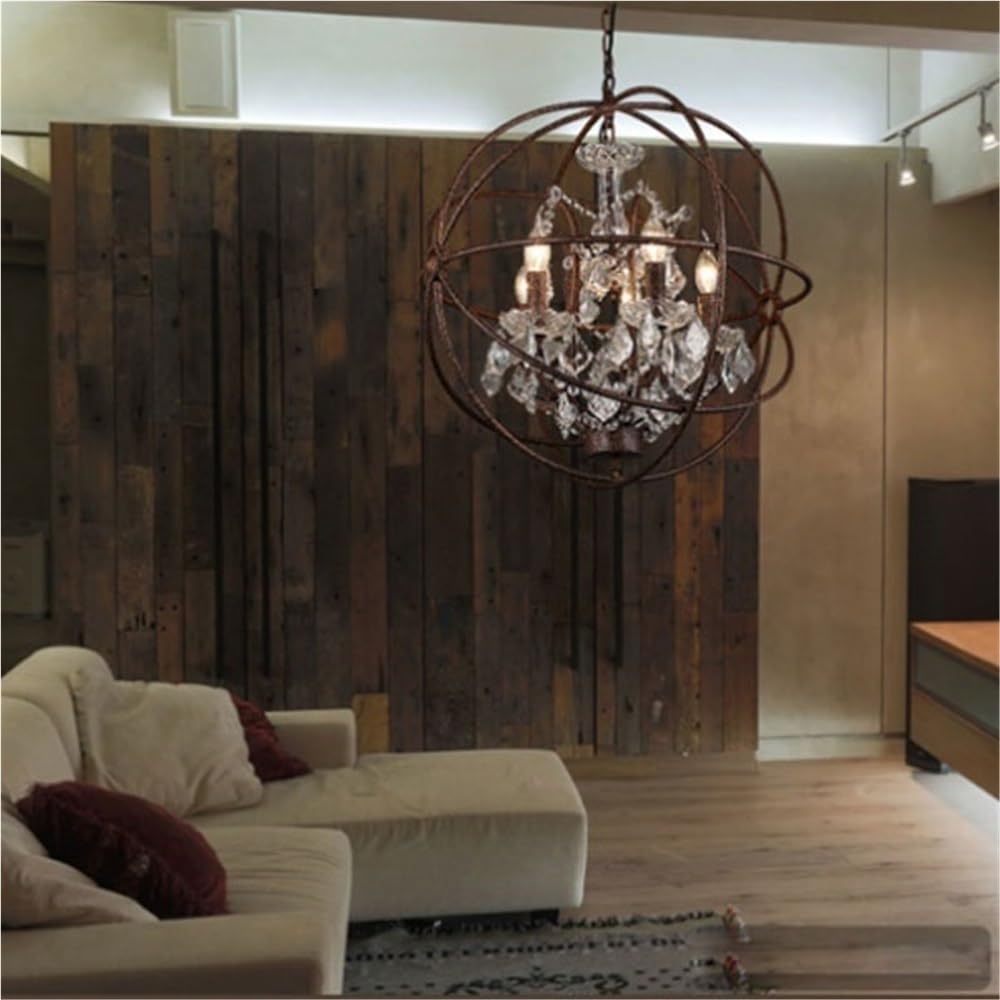 Lampadario Moderno a 4 luci in Stile Rustico con Sfere di Cristallo e Lampada a Sospensione in Metallo Nero, lampadario Industriale Vintage a Sfera da soffitto per Sala da Pranzo e