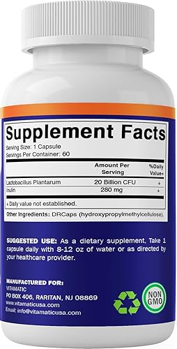 Miniatura 5 de Vitamatic Lactobacillus Plantarum - 20 mil millones por cápsula DR - 60 unidades - Soporte digestivo - Fabricado con fibra prebiótica de inulina
