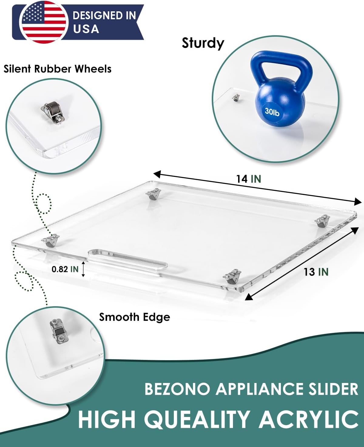 appliance slider – sliding tray for coffee maker, clear acrylic 13 x 14 in | sturdy acrylic, silent rubber wheels easy slide, steam & scratch proof, fits most coffee makers, mixers & air fryers clear large - (14 ”d x 13”w)