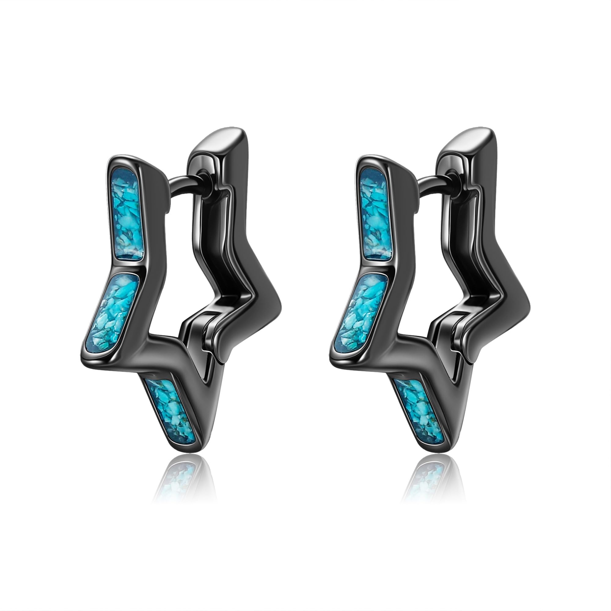 Pendientes de estrella de plata de ley 925, pequeños aretes de aro negros con turquesa, regalos para hombres y mujeres