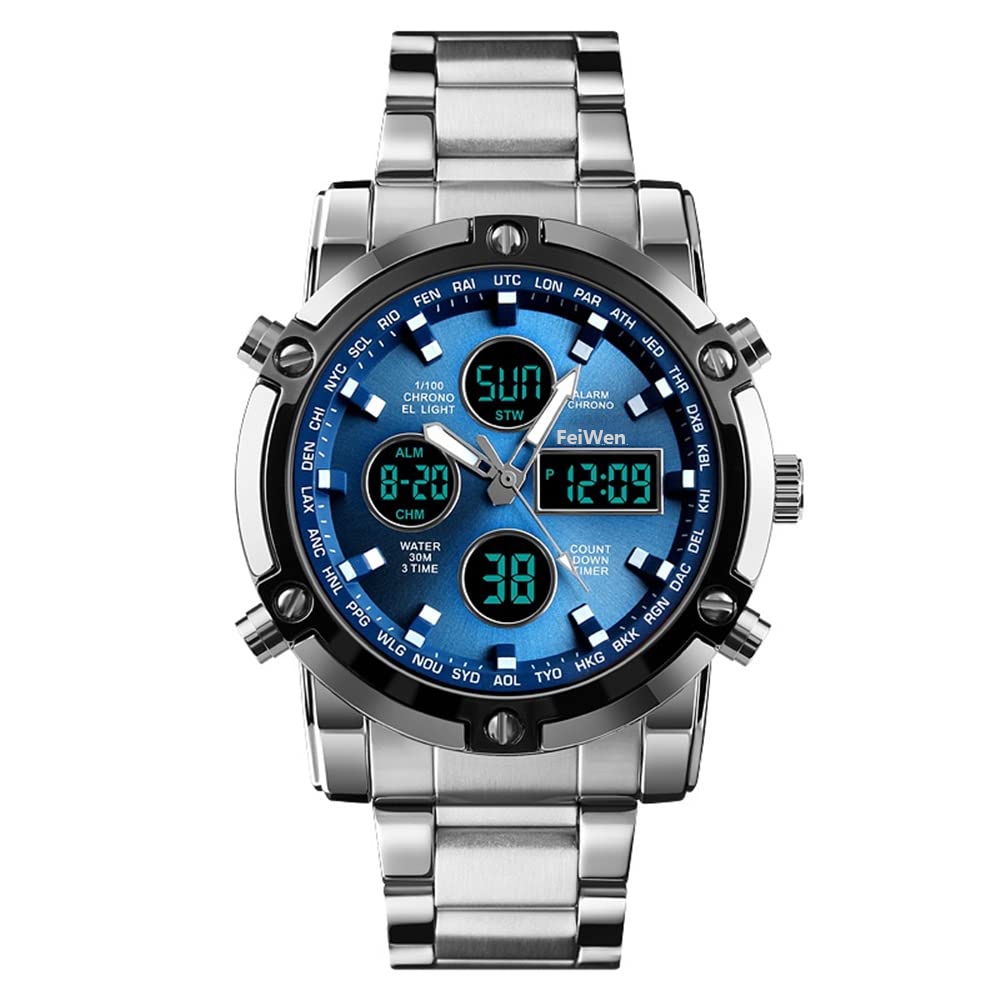 Mode Acier Inoxydable Montres Bracelet de Homme Analogique Quartz LED Digital Temps Trois Outdoor Multifonctionnel Montre Alarme Chronomètre 12H/24H Calendrier Décontracté Style