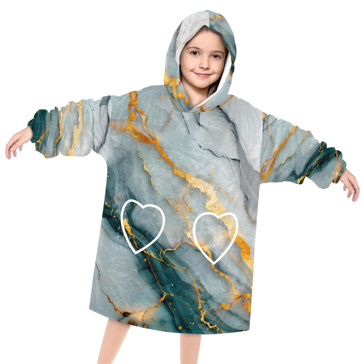 Pardick Wearable Blanket Hoodie for Kids, Indigo Gold Marble Fleece Sweatshirt Blanket Oversized Blanket Sweatshirt with Pocket Flannel Warm Hooded Blanket 6-10 Year Old Girl Boy Gift, One Size